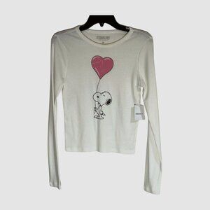 Peanuts White Ribbed Knit Tshirt Long Sleeve Snoopy Heart Balloon Cropped Medium
